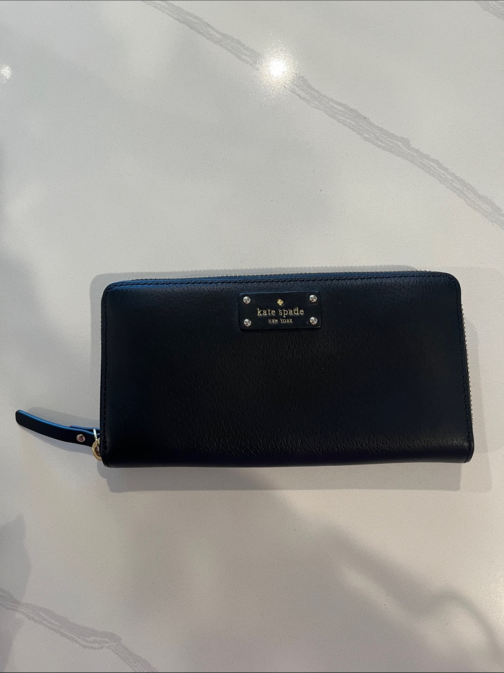 kate spade Black Leather Zip Wallet with Gold Plaque